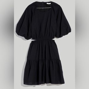 Madewell Seersucker Puff-Sleeve Cutout Mini Dress (black)